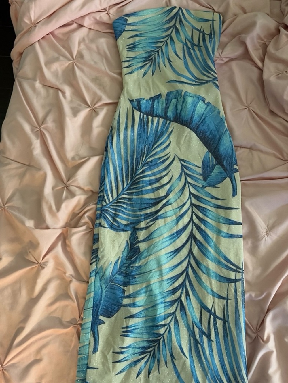 Strapless Tropical-Print Bodycon Dress in Blue and Cream